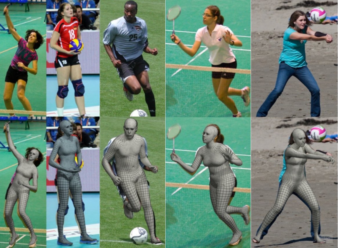 Motion capture examples with human body meshes across sports.