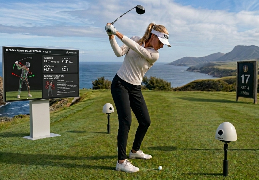 Sports Egg beside a golf practice area with a movement-analysis display.