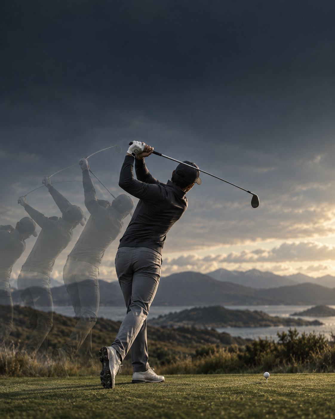 Golfer moving through a full swing with a soft motion echo.